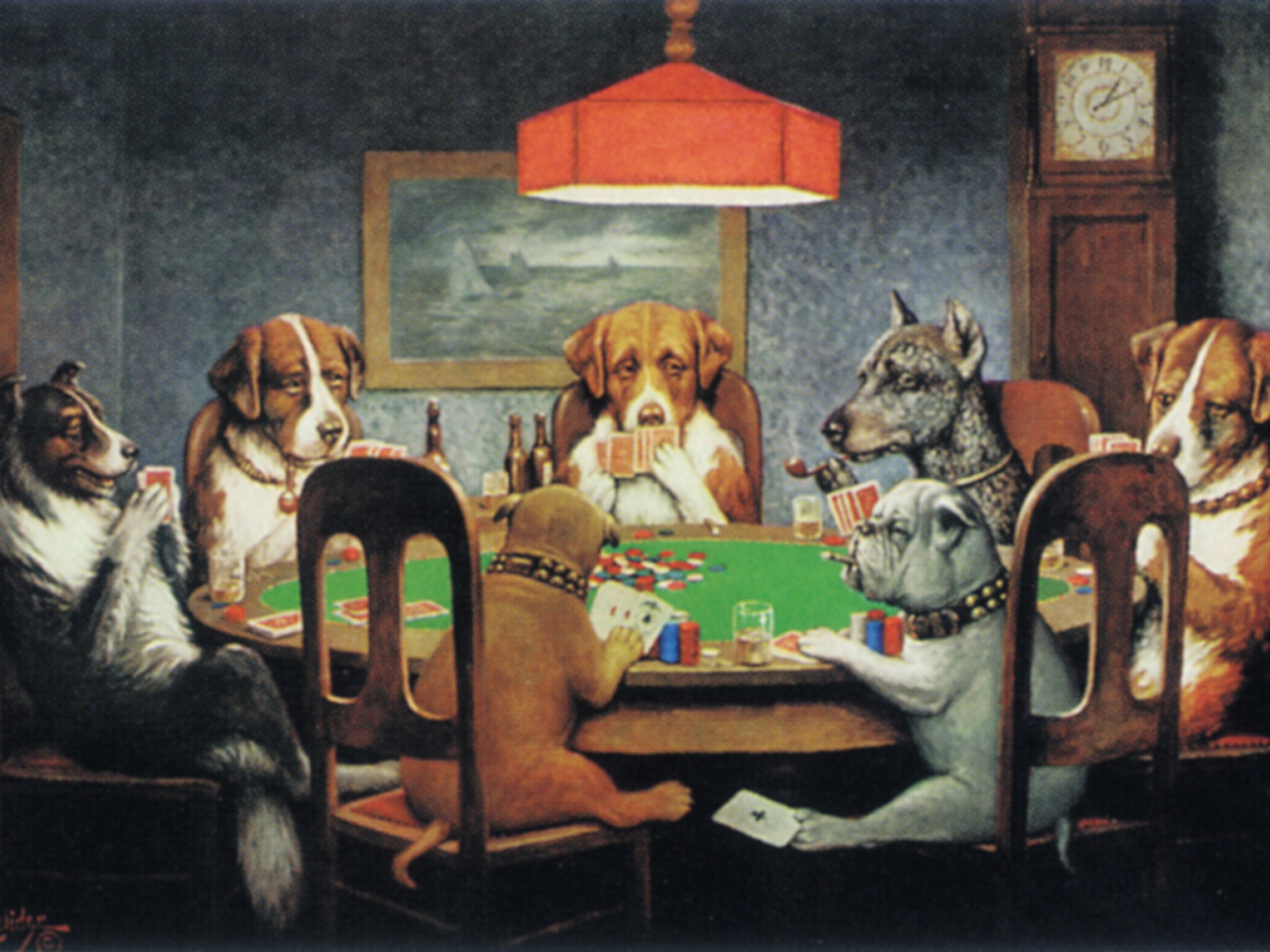 Solve Dogs Playing Poker jigsaw puzzle online with 192 pieces