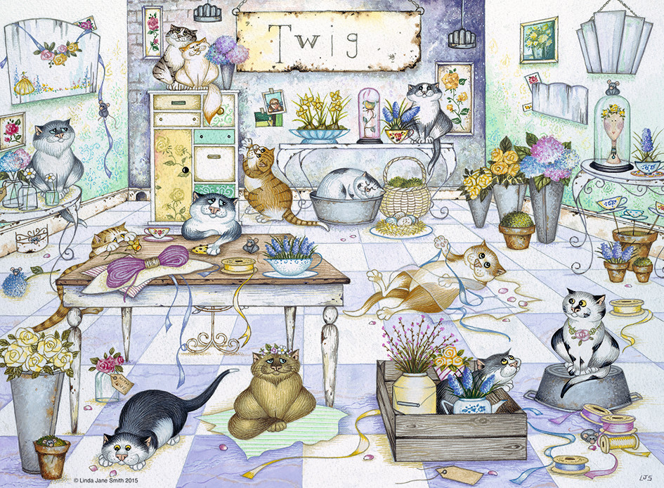 Solve Crazy Cats 'Twig' by artist Linda Jane Smith jigsaw puzzle online