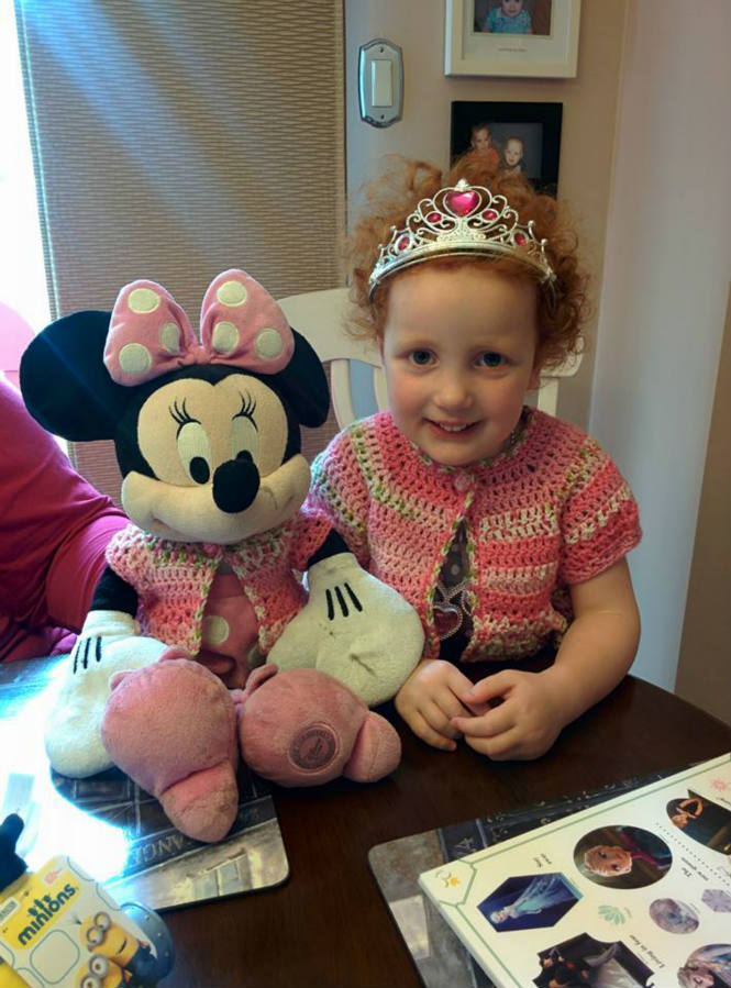 Solve Olivia and Minnie wearing the matching crocheted shrugs I made