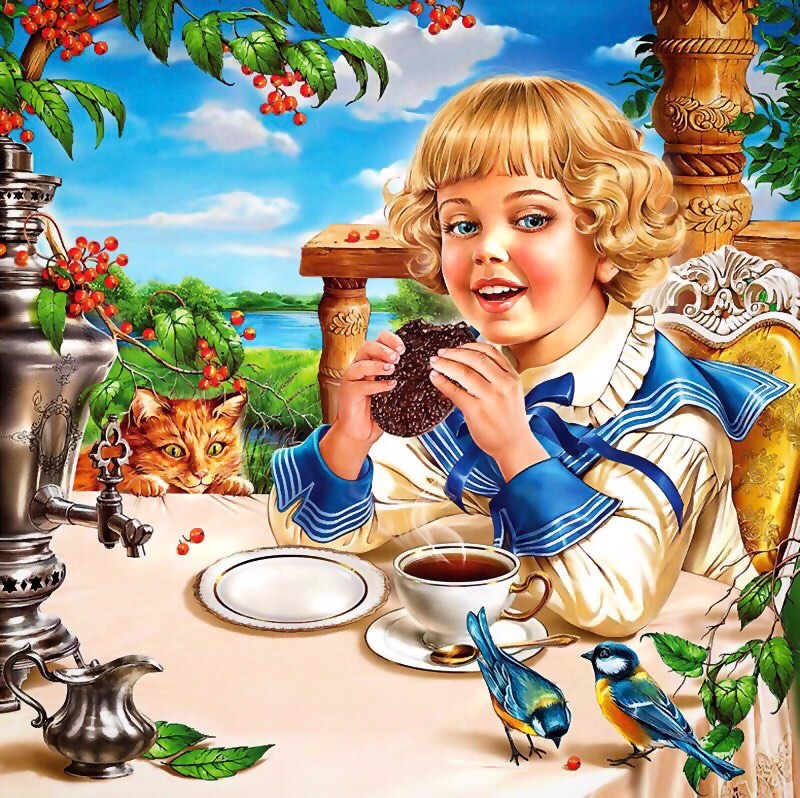 Solve Little boy drinking tea jigsaw puzzle online with 100 pieces