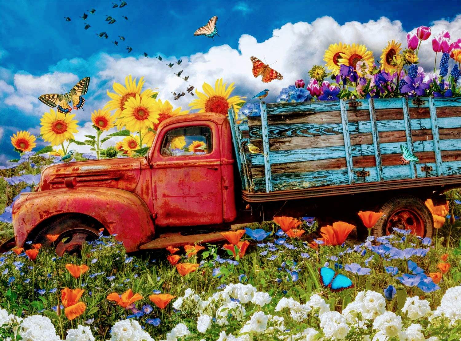 Jigsaw Puzzle Old truck in a field of flowers and butterflies.. 130
