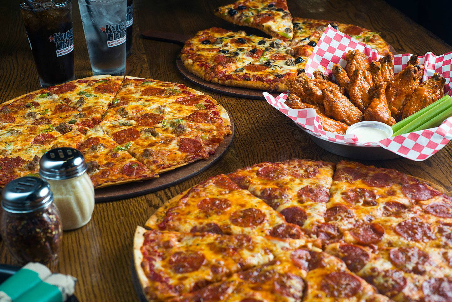 Solve Food at the Bowling Alley Pizza and chicken wings at