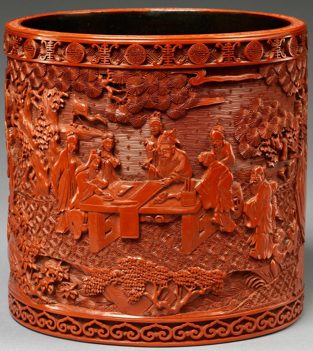 Solve 18th Century Carved Lacquer Brush Holder with Scholars in a