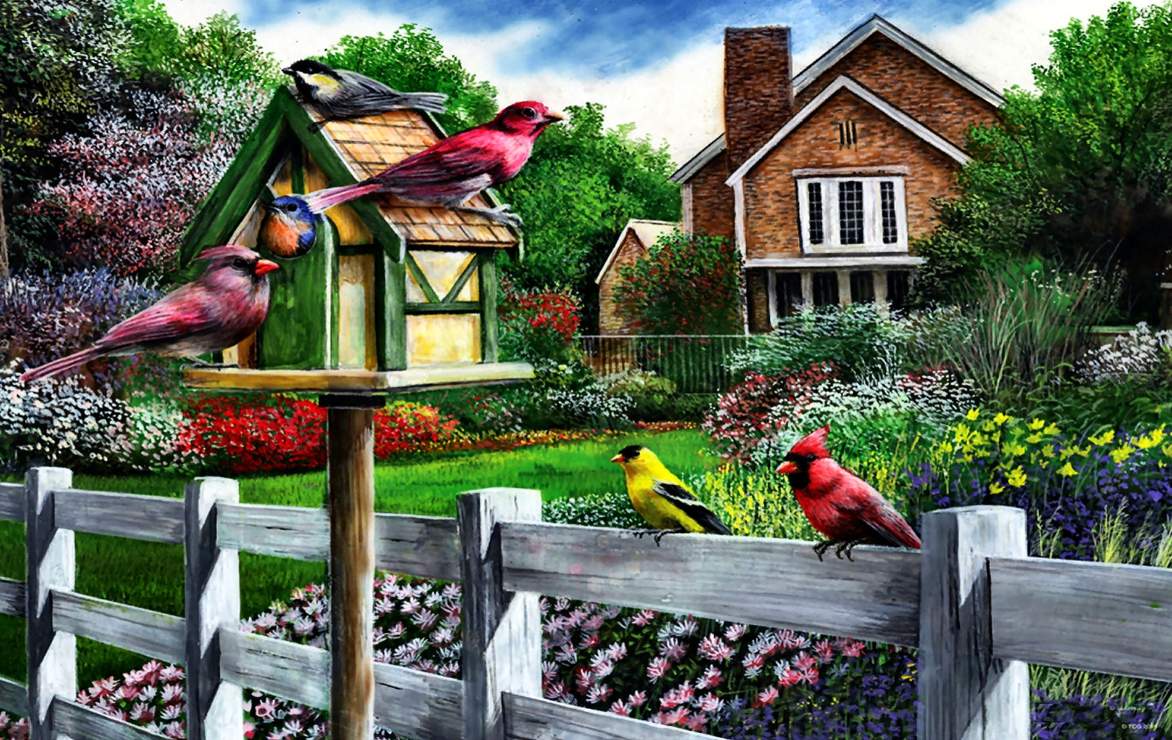 Solve Spring birds, house jigsaw puzzle online with 15 pieces